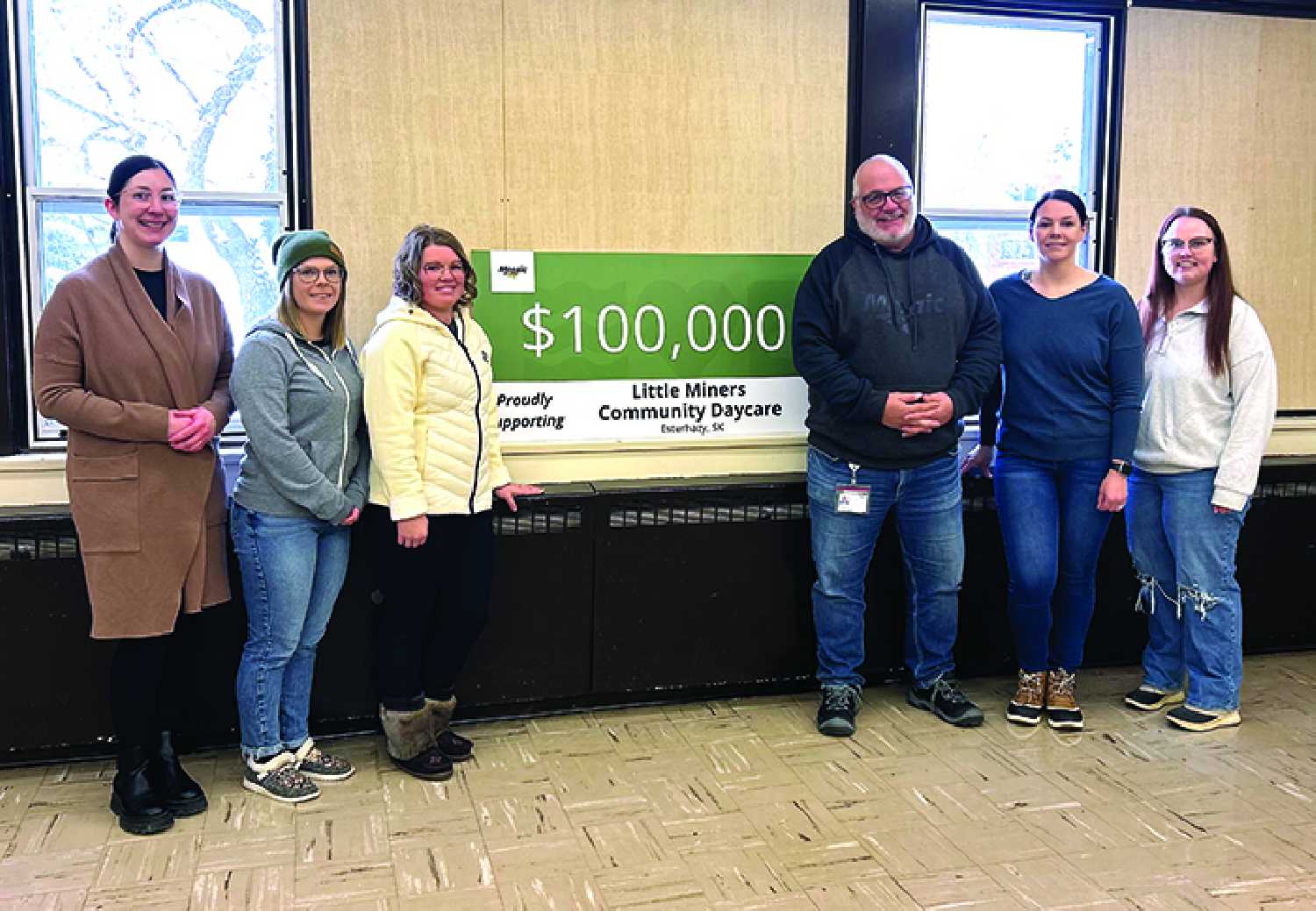 From left, Little Miners Community Daycare board member Kristin Giroux, Secretary Mackenzie Flatt, Chair Marissa Porter, Mosaic VP of Operations - Potash Lawrence Berthelet, Board Member Shauna Rakochy, and vice-chair Shaelynn Sarich.